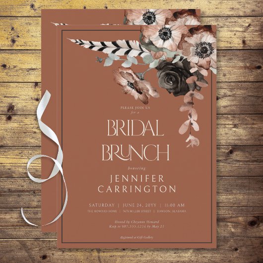Boho Roest Zwart & Wit Bloemen Bruidsbrunch Kaart