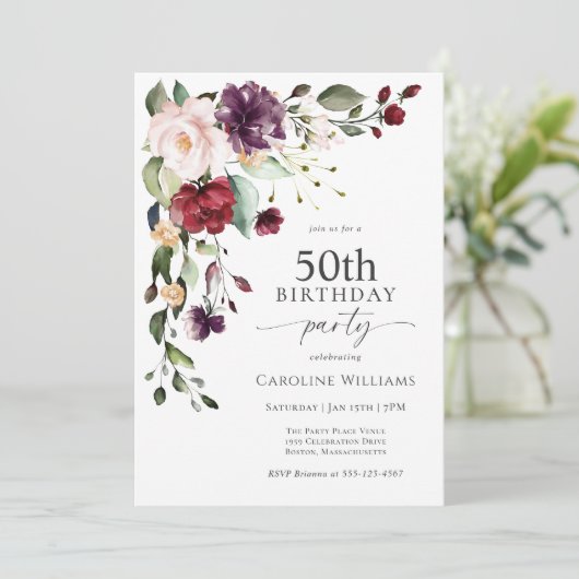 Boho rood en Paarse bloemen 50ste verjaardagsfeest Kaart (Staand voorkant)