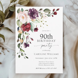Boho rood en Paarse bloemen 90ste verjaardagsfeest Kaart
