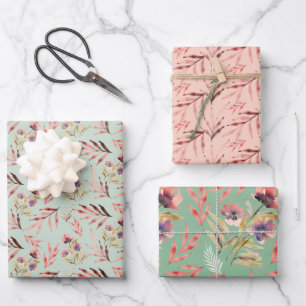 Boho Rood Roze Groen Aquarel Wilde Bloemen Inpakpapier Vel