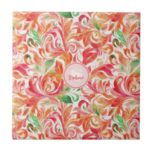 Boho rood roze oranje groen paisley bloemmotief tegeltje
