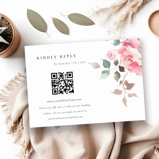 Boho Rood Roze Roze Bloemen Huwelijk QR Code RSVP Informatiekaartje