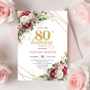 Boho rood wit groen 80ste verjaardagsuitnodiging kaart