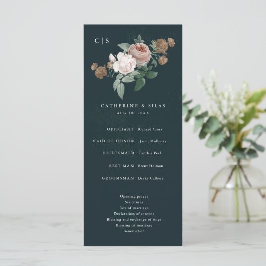 Boho  Roos Floral Wedding Programme Programma (Staand voorkant)
