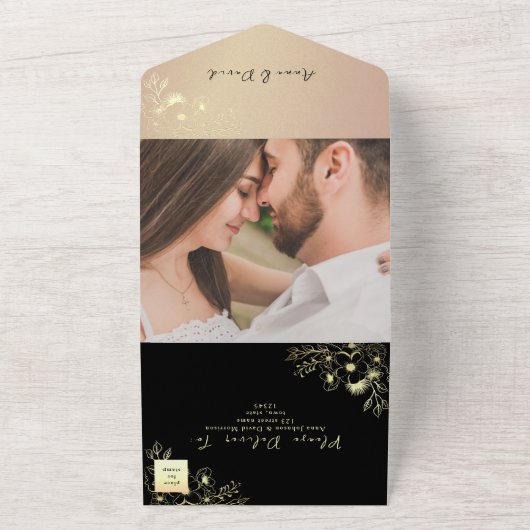 Boho Roos Gold en Black Wedding All In One Uitnodiging (Buitenkant)