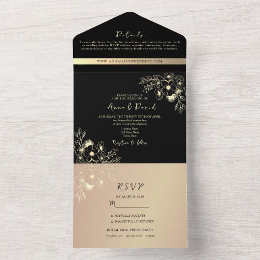 Boho Roos Gold en Black Wedding All In One Uitnodiging (Binnen)