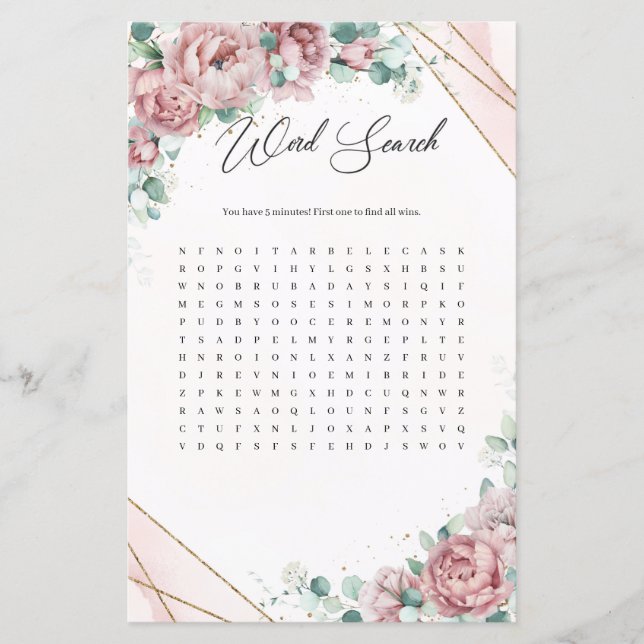 Boho roos Gold eucalyptus greenery Word Search (Voorkant)