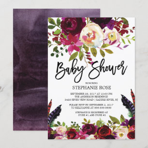 Boho Roos Paars Floral Baby shower Kaart