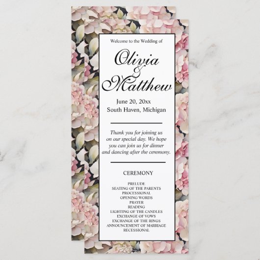 Boho rose aquarelle hydrangée programme de mariage (Devant / Derrière)