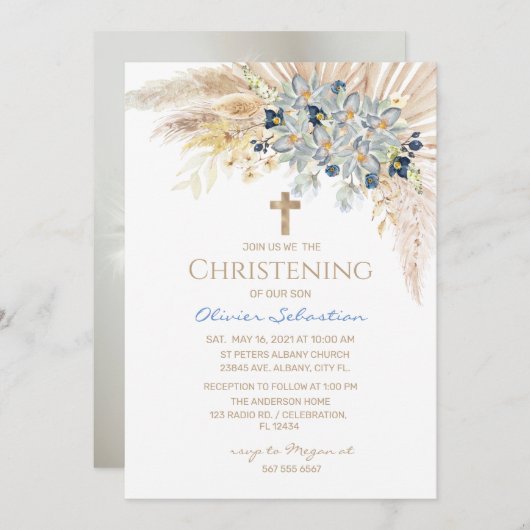 Boho rose fille Baptême Christening Invitation (Devant / Derrière)