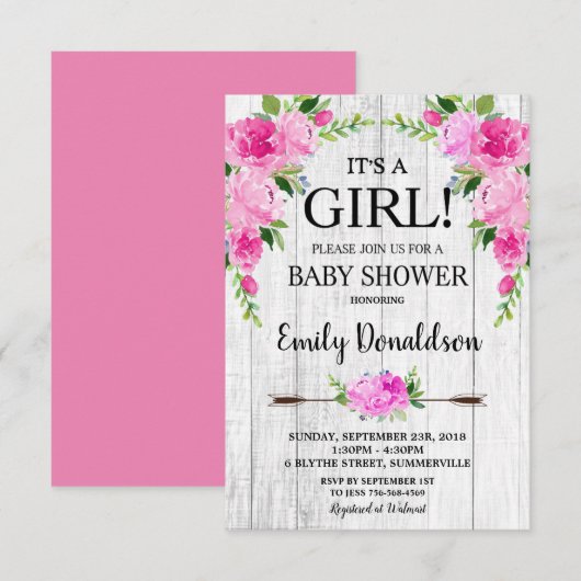 Boho Rose Floral Baby shower Invitation Girl (Devant / Derrière)