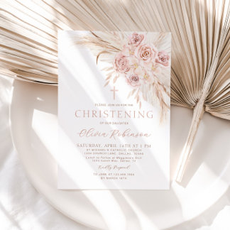 Boho rose Floral Christening Baptême Invitation