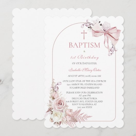 Boho Rose Invitation Baptême Fille Modèle (Devant / Derrière)