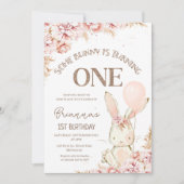 Boho rose lapin floral 1er anniversaire Invitation (Devant)
