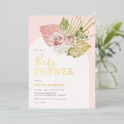 Boho Rose or Floral Arch Real Foil Invitation (Debout devant)