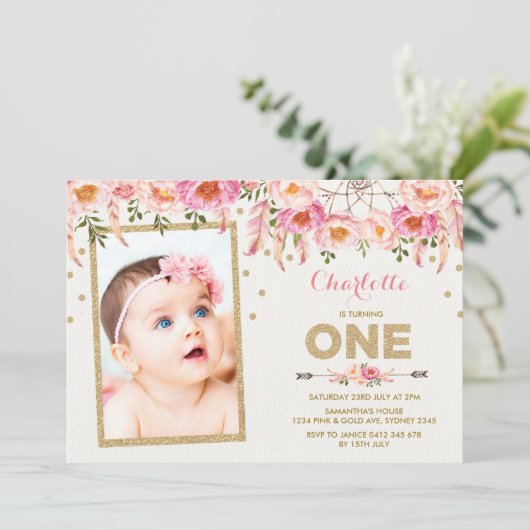 Boho Rose or Floral Premier Invitation d'anniversa (Debout devant)