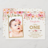 Boho Rose or Floral Premier Invitation d'anniversa (Devant / Derrière)