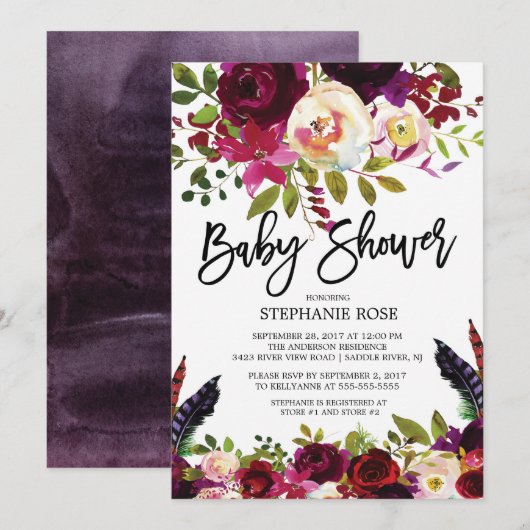 Boho Rose Purple Floral Baby shower Invitation (Devant / Derrière)