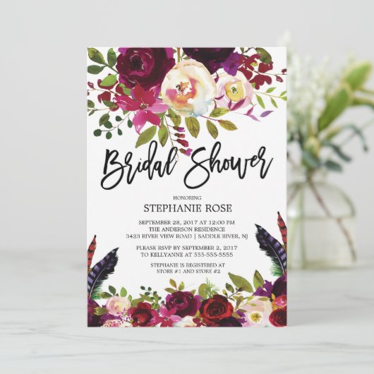 Boho Rose violet Floral Bridal Showeuse Invitation (Debout devant)