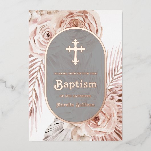 Boho Roses Baptême Foil Invitation (Recto)
