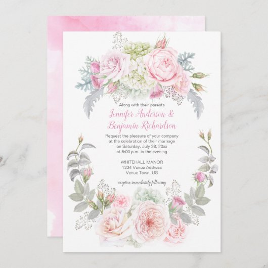 Boho Roses Hydrangeas Floral Wedding Invitations (Devant / Derrière)