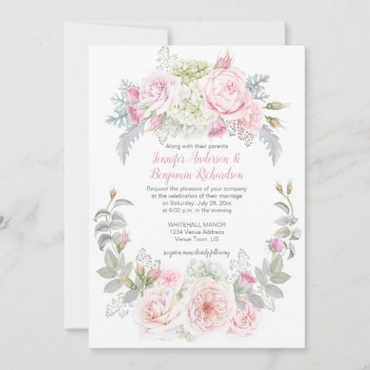 Boho Roses Hydrangeas Floral Wedding Invitations (Devant)