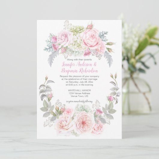 Boho Roses Hydrangeas Floral Wedding Invitations (Debout devant)