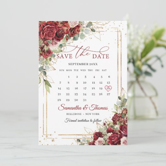 Boho rouge bordeaux eucalyptus or Save the date (Debout devant)