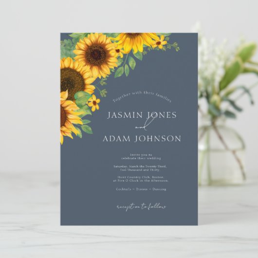 Boho Royal Blue Opulence Zonnebloemen Bruiloft Kaart (Staand voorkant)