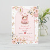 Boho Roze Beary Eerste Winter Verjaardag Bloemen Kaart (Staand voorkant)