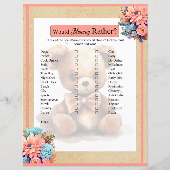 Boho roze Beer Baby shower zou mama liever spel (Voorkant)