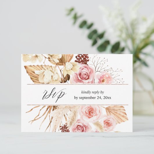 Boho Roze & Beige Bloemen Pampa's met Maaltijd RSV RSVP Kaartje (Staand voorkant)