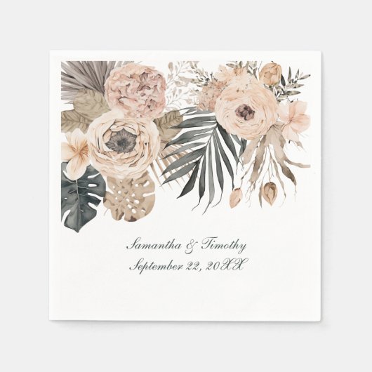 Boho Roze Beige Grijs Bloemen Botanicals Bruiloft Servet (Voorkant)