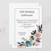 Boho Roze Blauw Bloemen 50ste Verjaardag Kaart (Voorkant / Achterkant)