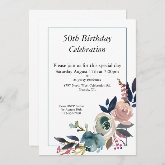 Boho Roze Blauw Bloemen 50ste Verjaardag Kaart (Voorkant / Achterkant)