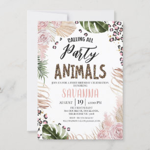 Boho Roze Bloem Cheetah Print Safari 1e Verjaardag Kaart