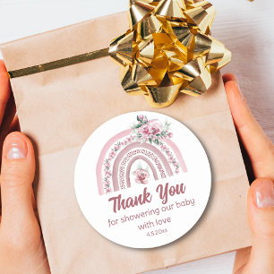 Boho Roze Bloem Regenboog Baby Shower Bedankt Ronde Sticker