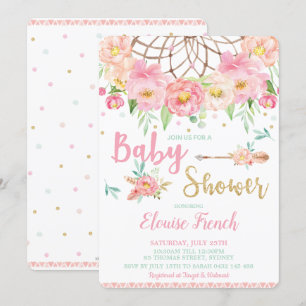 Boho Roze Bloemachtige Baby Shower Droomvanger Mei Kaart