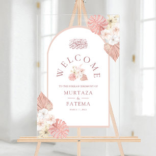 Boho Roze Bloemboog Moslim Trouw Welkom Acryl Bord