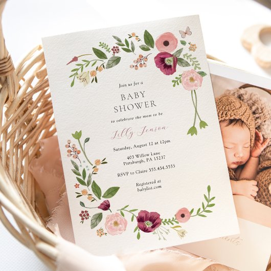 Boho Roze Bloemen Baby shower Kaart