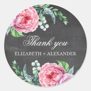 Boho roze bloemen. Chalkboard bruiloft dank u Ronde Sticker