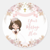 Boho Roze Bloemen Meisje 1e Communie Uw Boodschap Ronde Sticker (Voorkant)