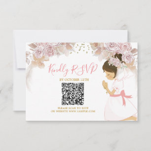 Boho Roze Bloemen Meisje 1e Heilige Communie RSVP- Bedankkaart