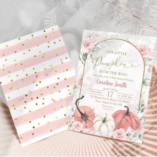 Boho Roze Bloemen Pompoen Herfst Baby shower Kaart