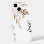 Boho roze bloemen veren witte naam Case-Mate iPhone case (Achterkant)