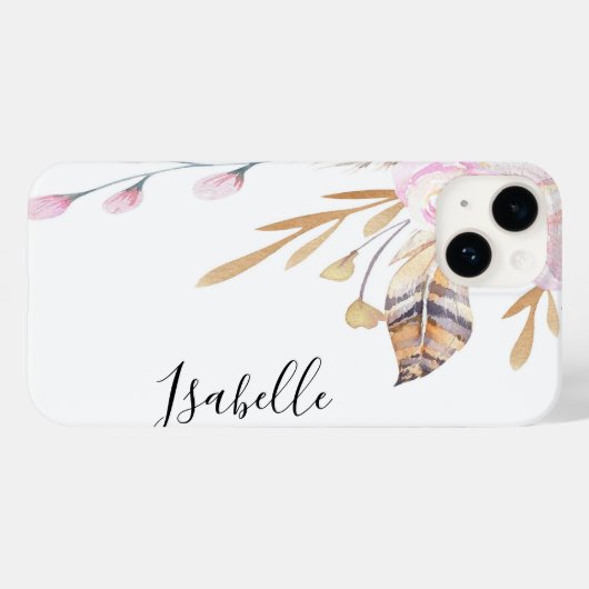 Boho roze bloemen veren witte naam Case-Mate iPhone case (Achterkant (horizontaal))