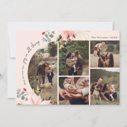 Boho roze bloemenboog vreugde in alle dingen vijf  feestdagenkaart (Voorkant)