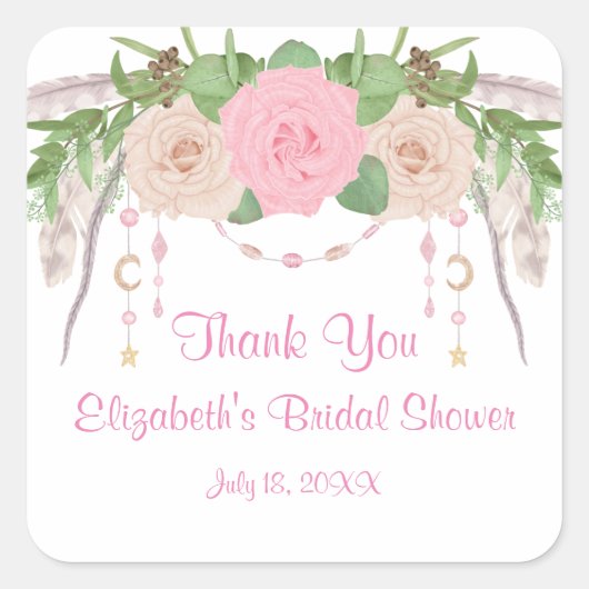 Boho Roze Bloemige Bruiloft Feest Vierkante Sticker (Voorkant)