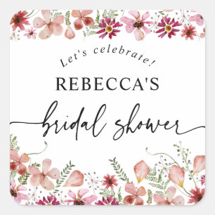 Boho Roze Bloemige Bruiloftsshower Rond Vierkante Sticker