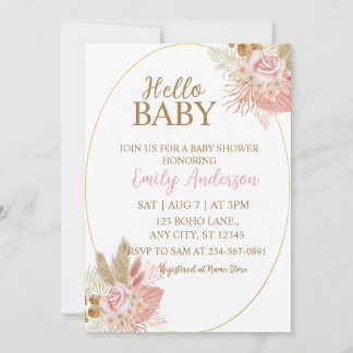 Boho Roze Bloemige Pampas Gras Baby Shower Kaart